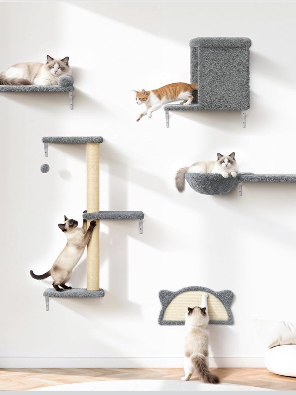 Gray Wall-Mounted Cat Climbing Set with Scratching Post